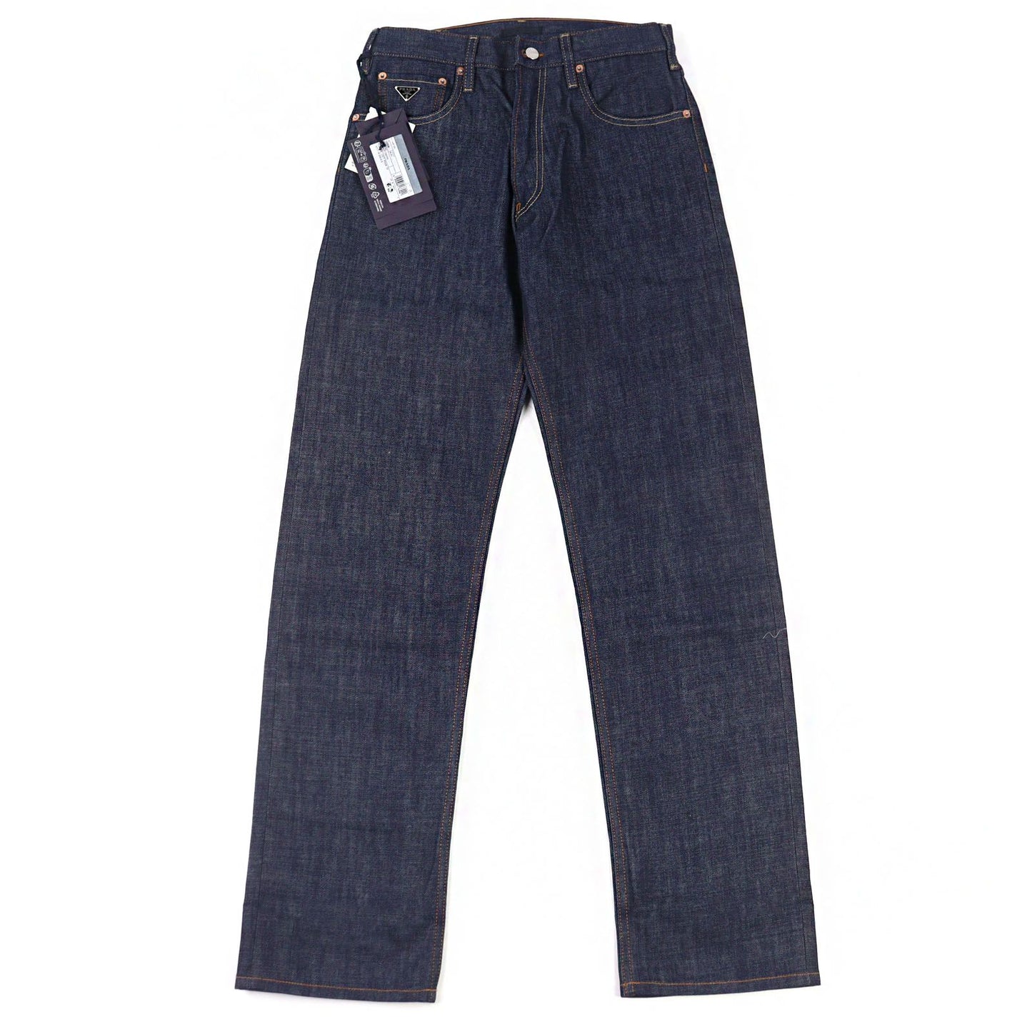 Prada Logo Leather Patch Cinch Back Denim Pants Indigo Blue 29