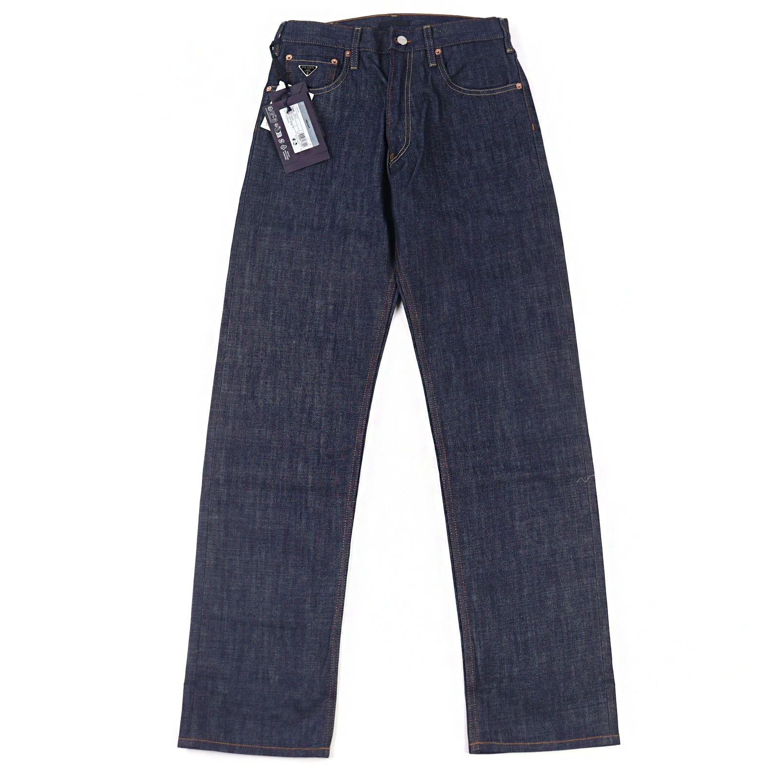 Prada Logo Leather Patch Cinch Back Denim Pants Indigo Blue 29