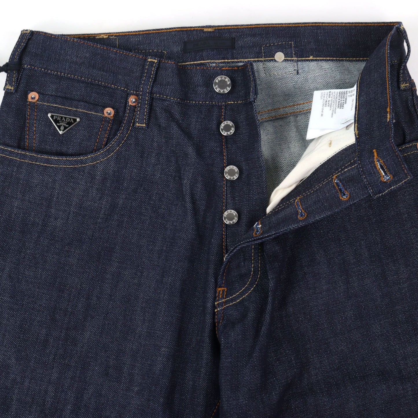 Prada Logo Leather Patch Cinch Back Denim Pants Indigo Blue 29 — view 2