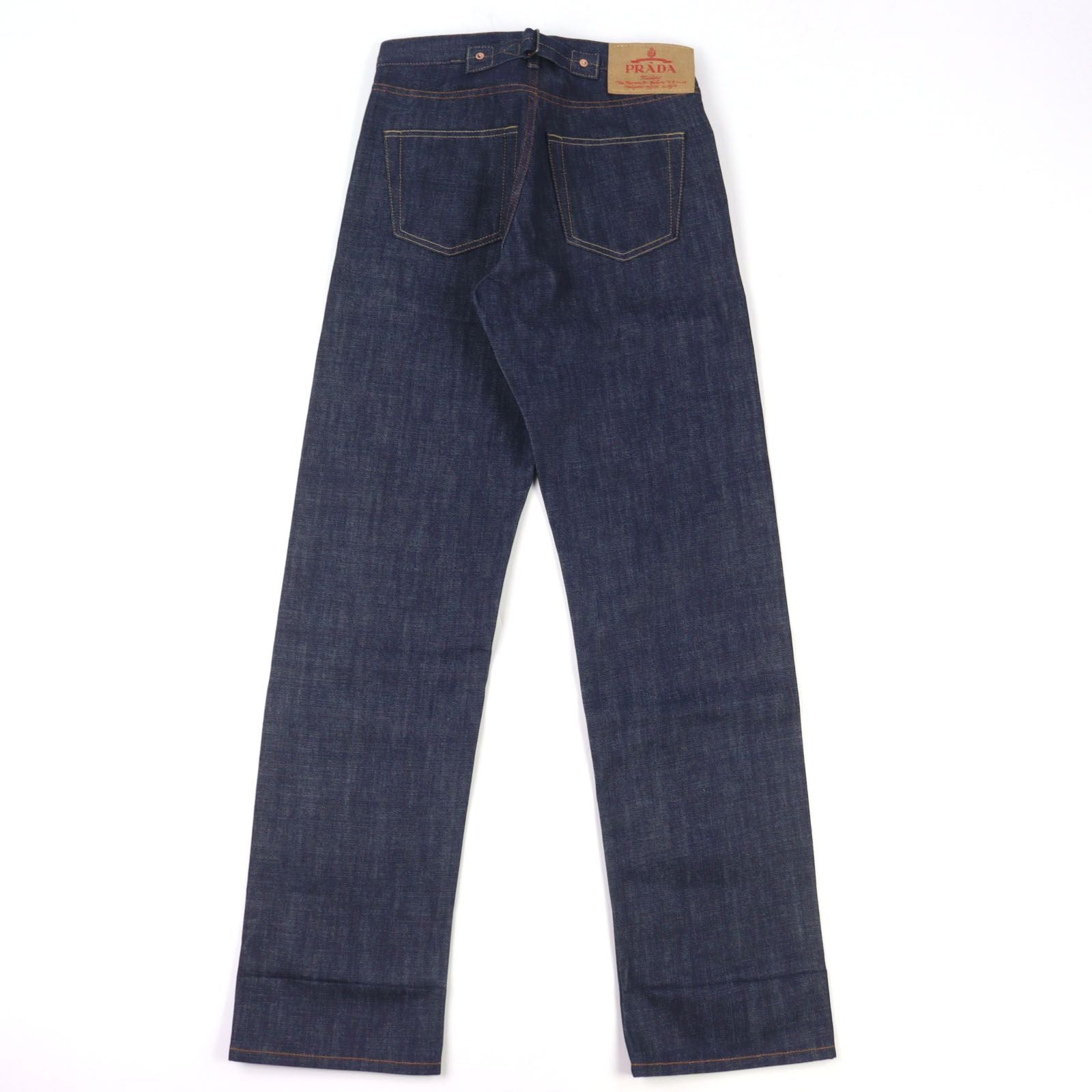 Prada Logo Leather Patch Cinch Back Denim Pants Indigo Blue 29 — view 3