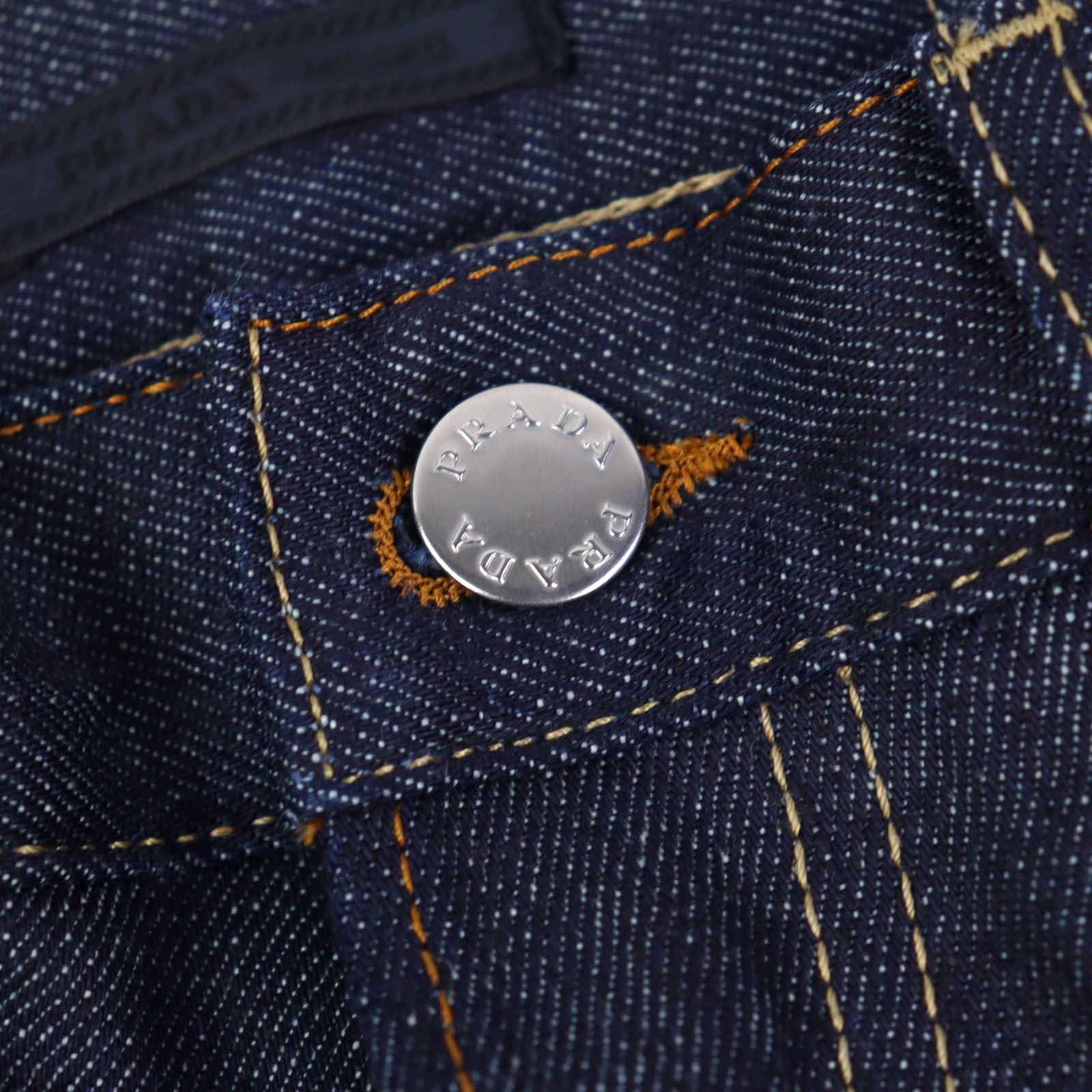 Prada Logo Leather Patch Cinch Back Denim Pants Indigo Blue 29 — view 5