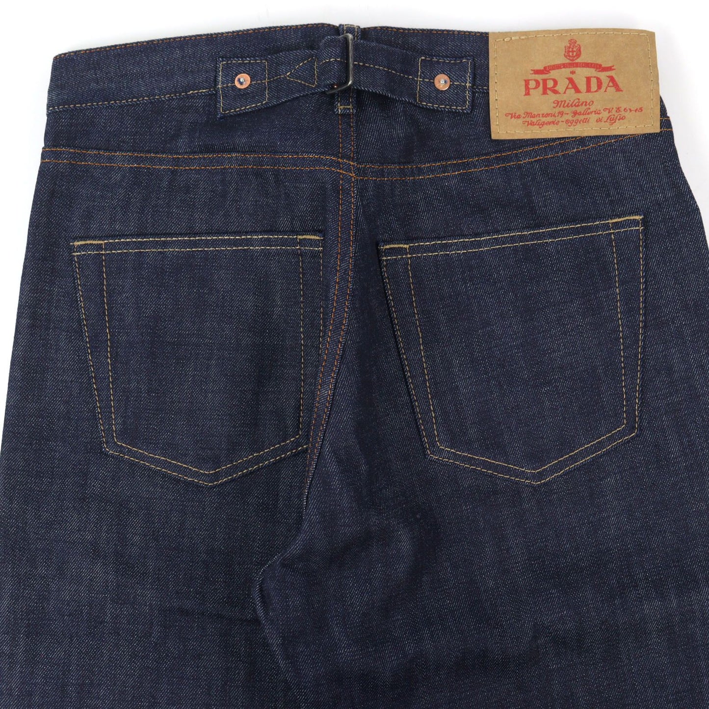 Prada Logo Leather Patch Cinch Back Denim Pants Indigo Blue 29 — view 4