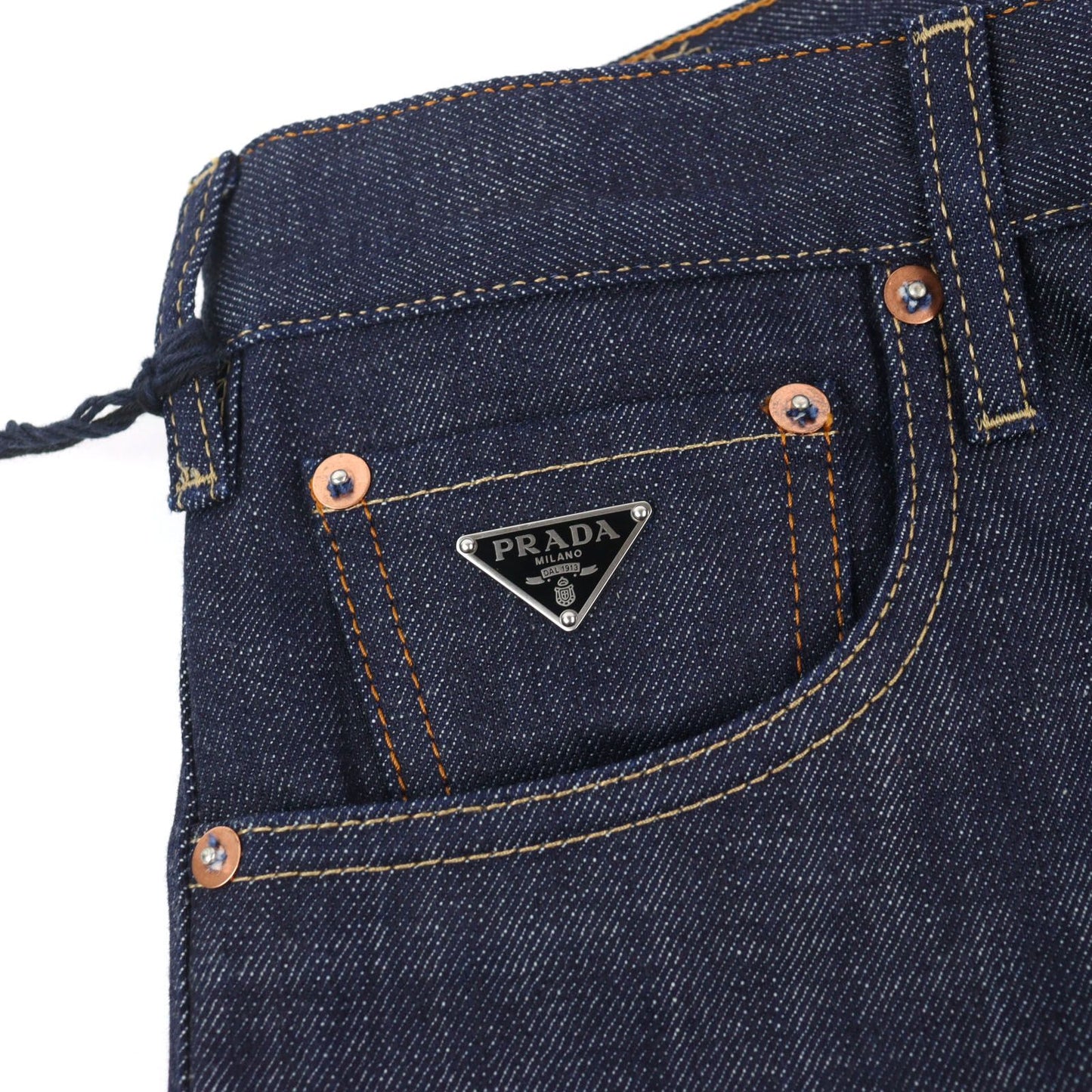 Prada Logo Leather Patch Cinch Back Denim Pants Indigo Blue 29 — view 6