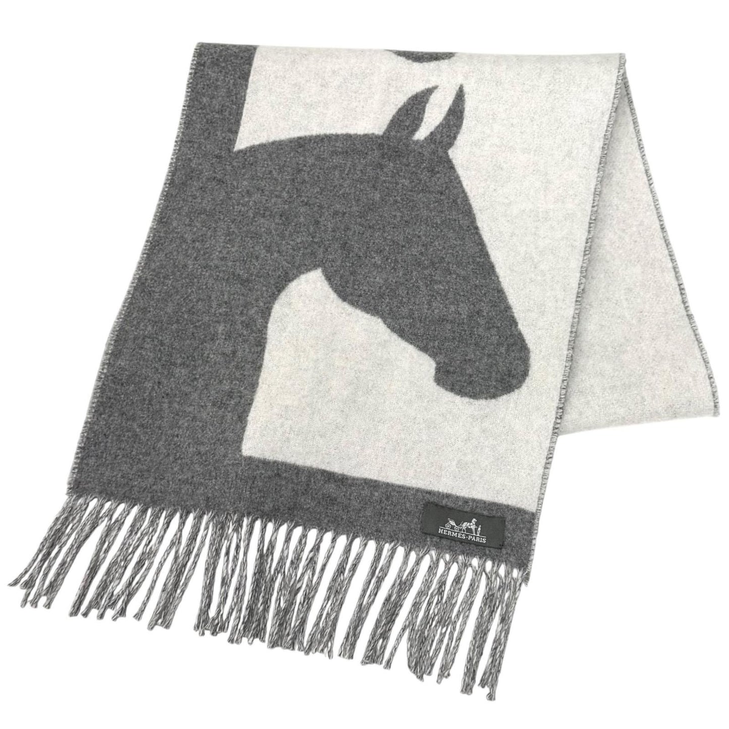Hermes Love Story Cashmere Scarf with Fringes Shawl Gray Off White