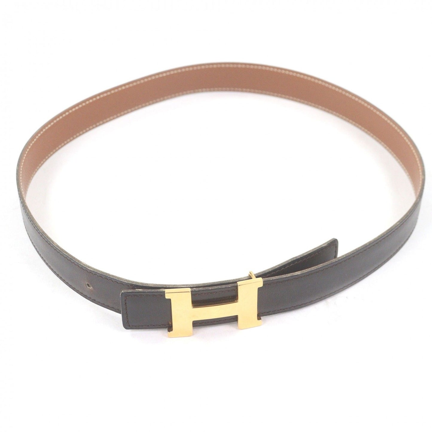 Hermes Vintage Martin Margiela Era Logo Gold Buckle Leather Belt Dark Brown 70 — view 2