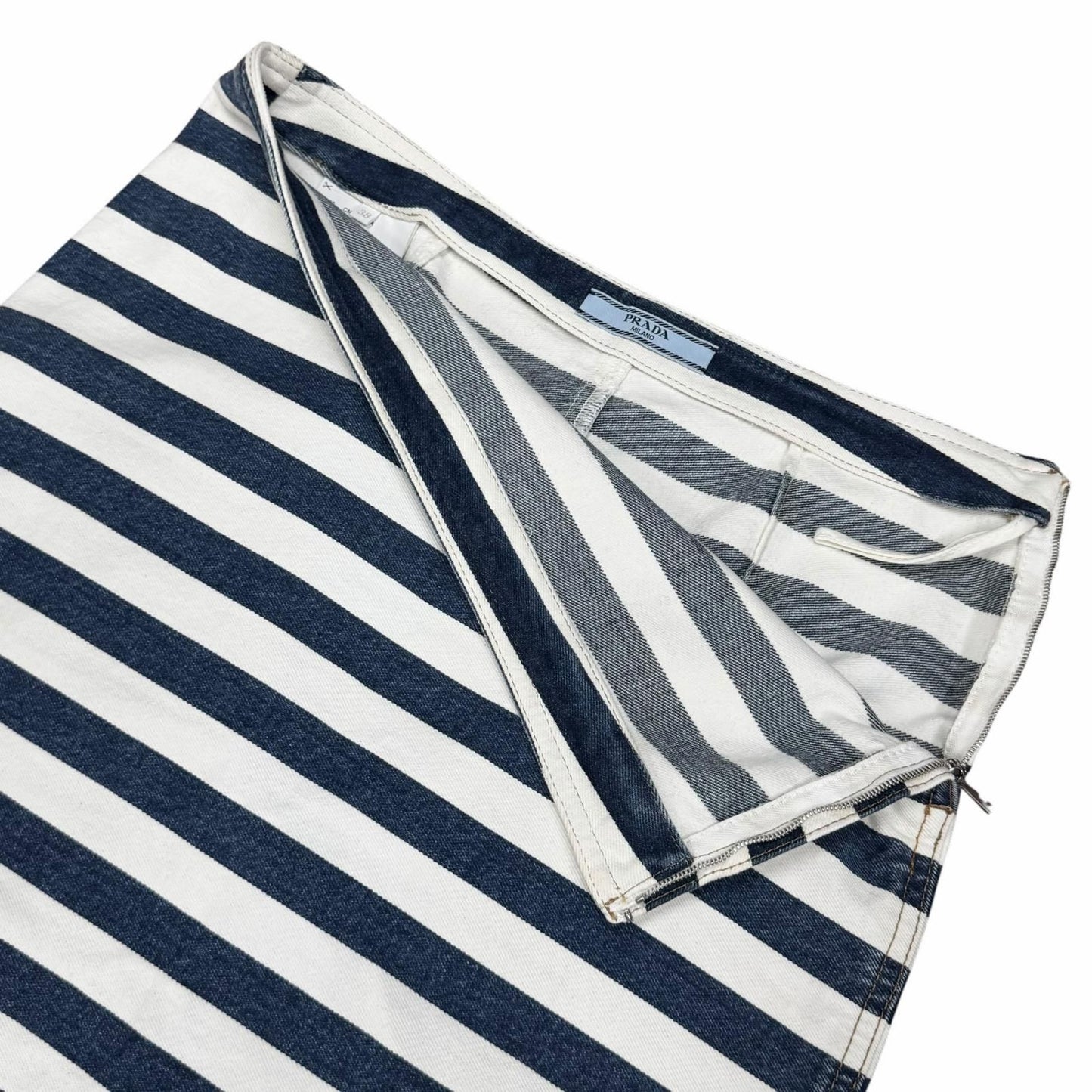 Prada Cotton 100% Triangle Logo Border Denim Skirt White Indigo 38 — view 5