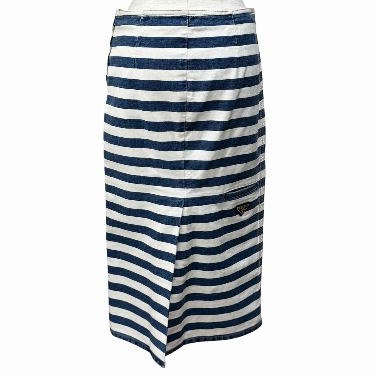 Prada Cotton 100% Triangle Logo Border Denim Skirt White Indigo 38 — view 4