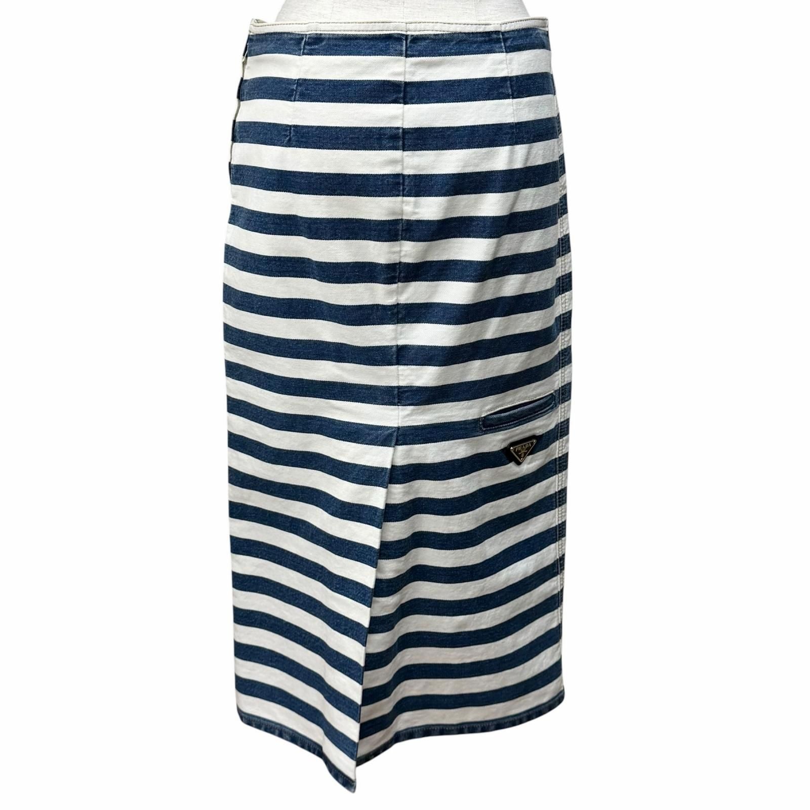 Prada Cotton 100% Triangle Logo Border Denim Skirt White Indigo 38 — view 4