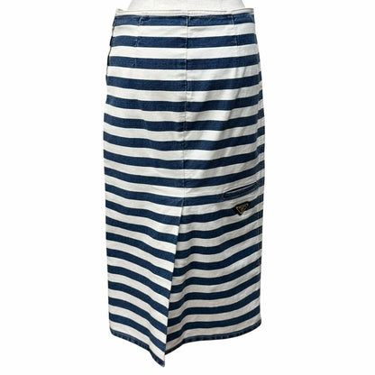 Prada Cotton 100% Triangle Logo Border Denim Skirt White Indigo 38 — view 4