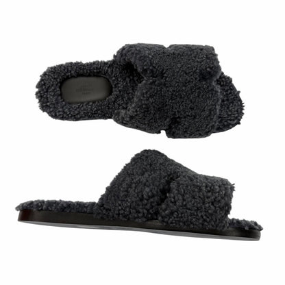 Hermes Izmir Shearling Leather Logo Boa Slide Sandals Gray — view 6