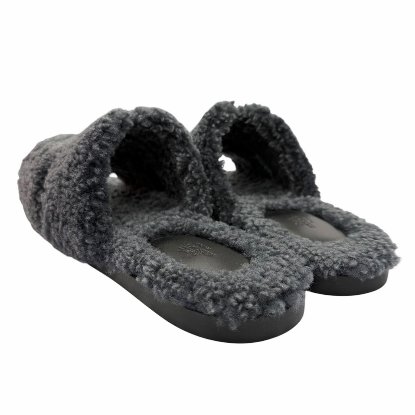 Hermes Izmir Shearling Leather Logo Boa Slide Sandals Gray — view 4