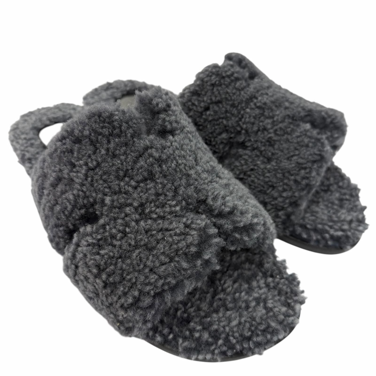 Hermes Izmir Shearling Leather Logo Boa Slide Sandals Gray — view 3