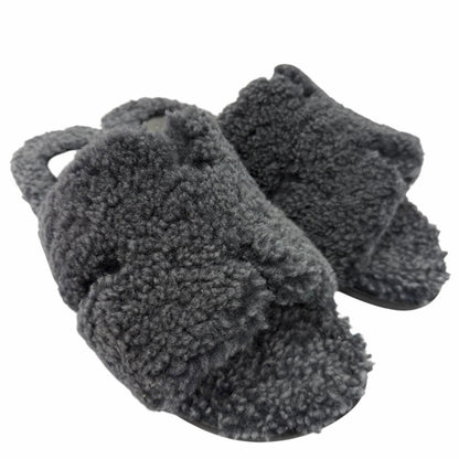 Hermes Izmir Shearling Leather Logo Boa Slide Sandals Gray — view 3