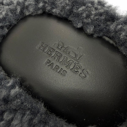 Hermes Izmir Shearling Leather Logo Boa Slide Sandals Gray — view 7
