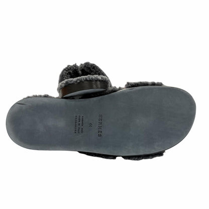 Hermes Izmir Shearling Leather Logo Boa Slide Sandals Gray — view 5