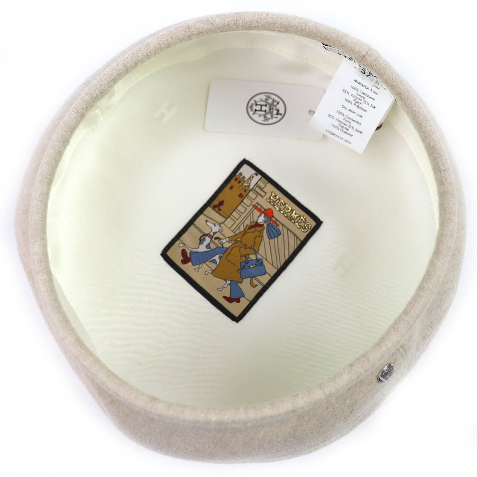 Hermes Sainte Honore Cashmere 100% Silver Series Button Beret Hat Beige 57 — view 6