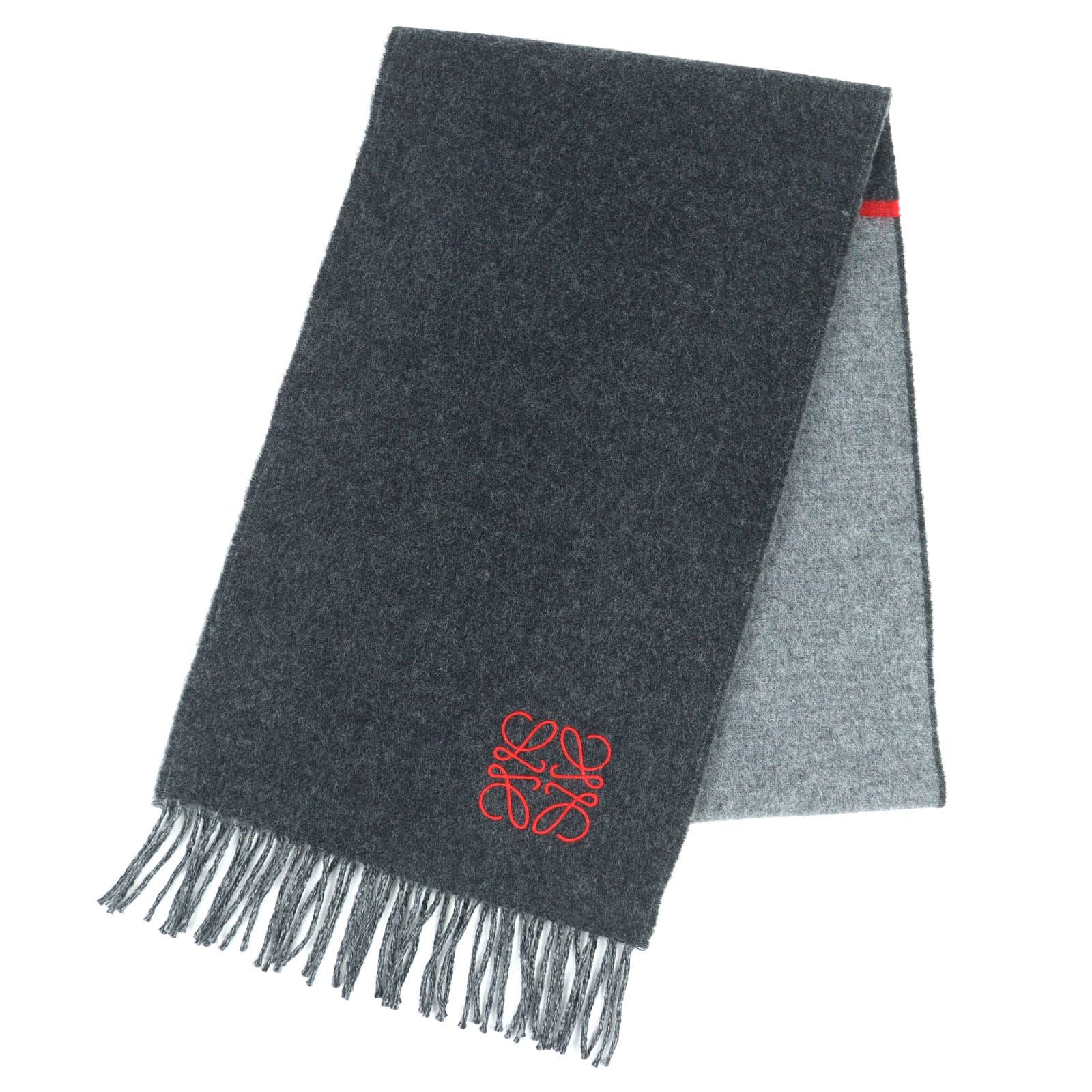 Loewe Wool Cashmere Anagram Embroidery Fringe Long Scarf Gray Red Recommended
