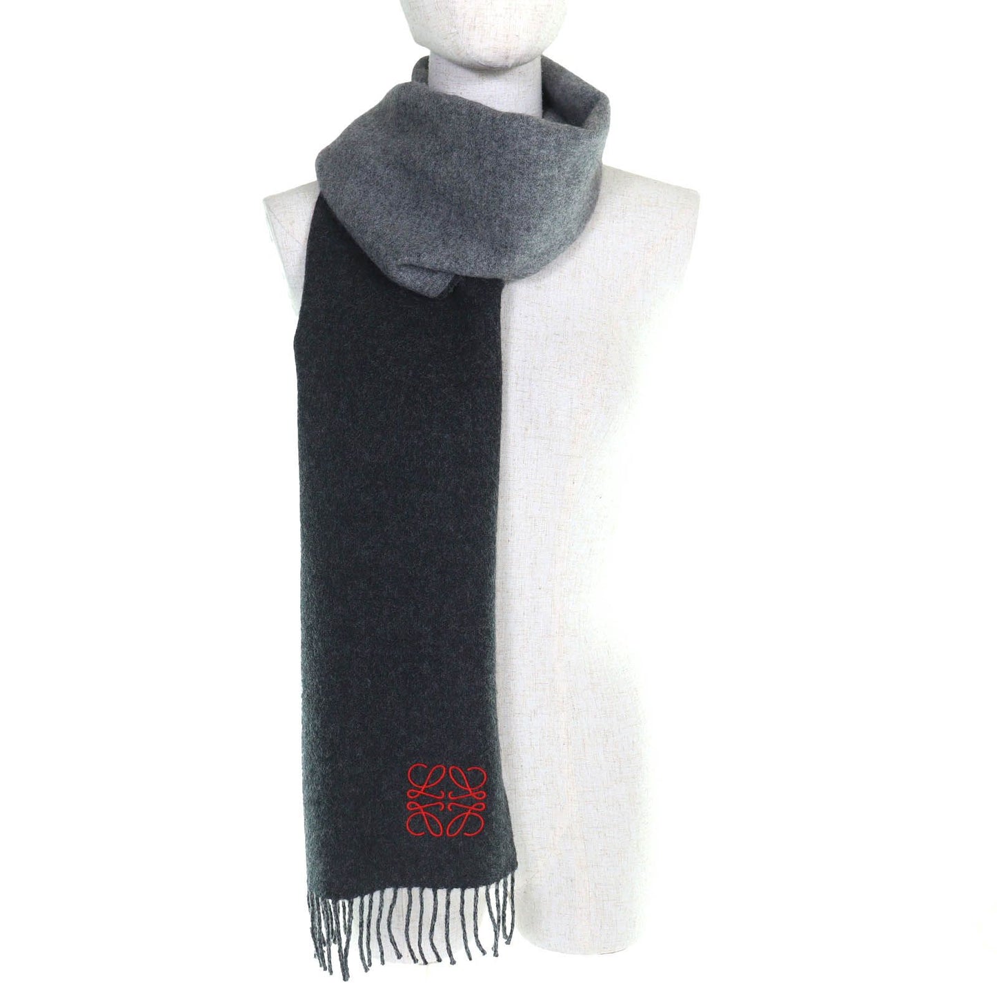 Loewe Wool Cashmere Anagram Embroidery Fringe Long Scarf Gray Red Recommended — view 3