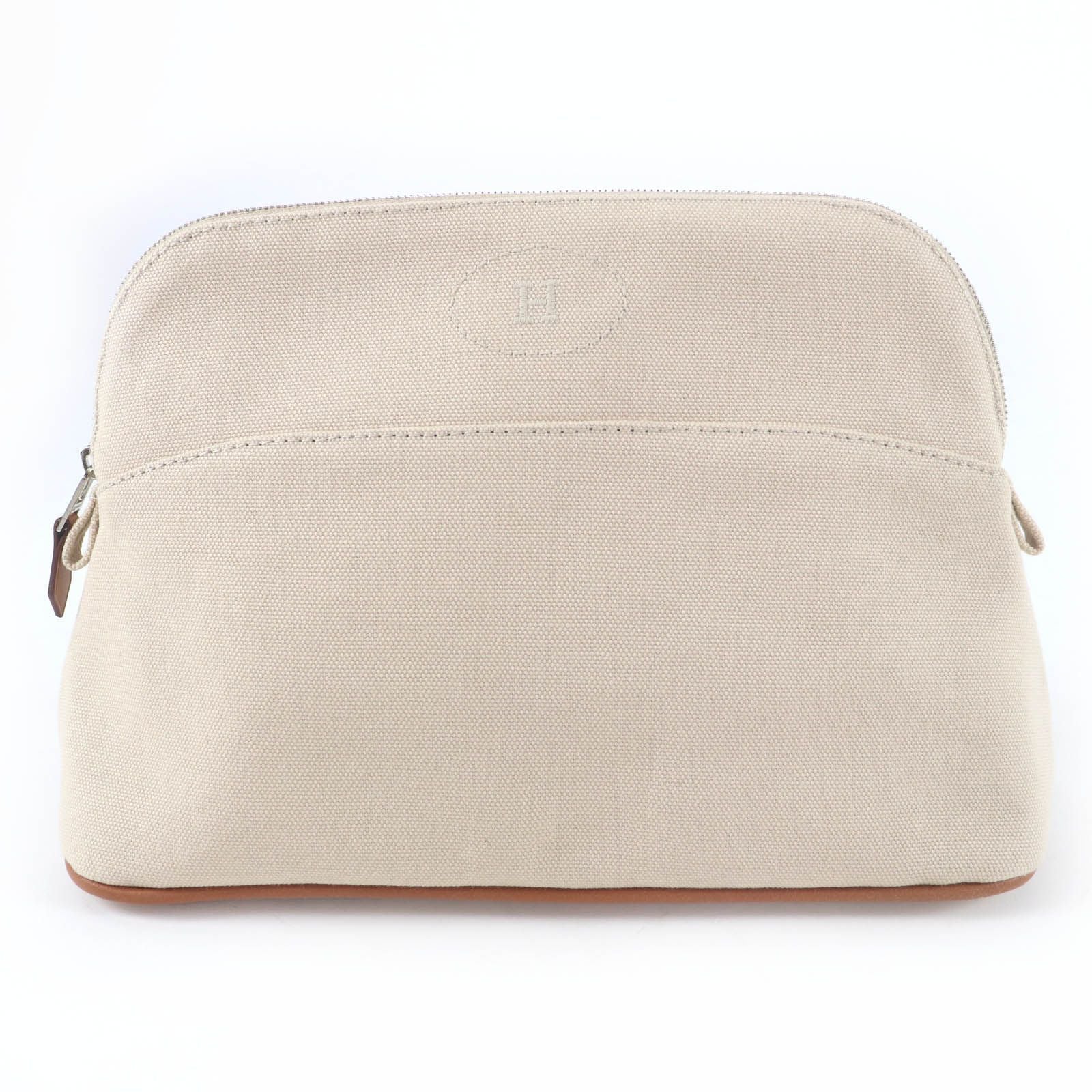 Hermes Bolide Pouch Cotton 100% Leather Logo Embroidered Zip Natural