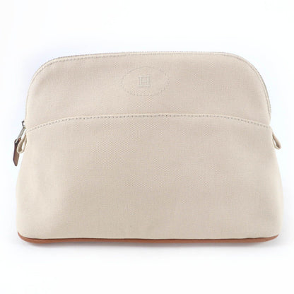 Hermes Bolide Pouch Cotton 100% Leather Logo Embroidered Zip Natural