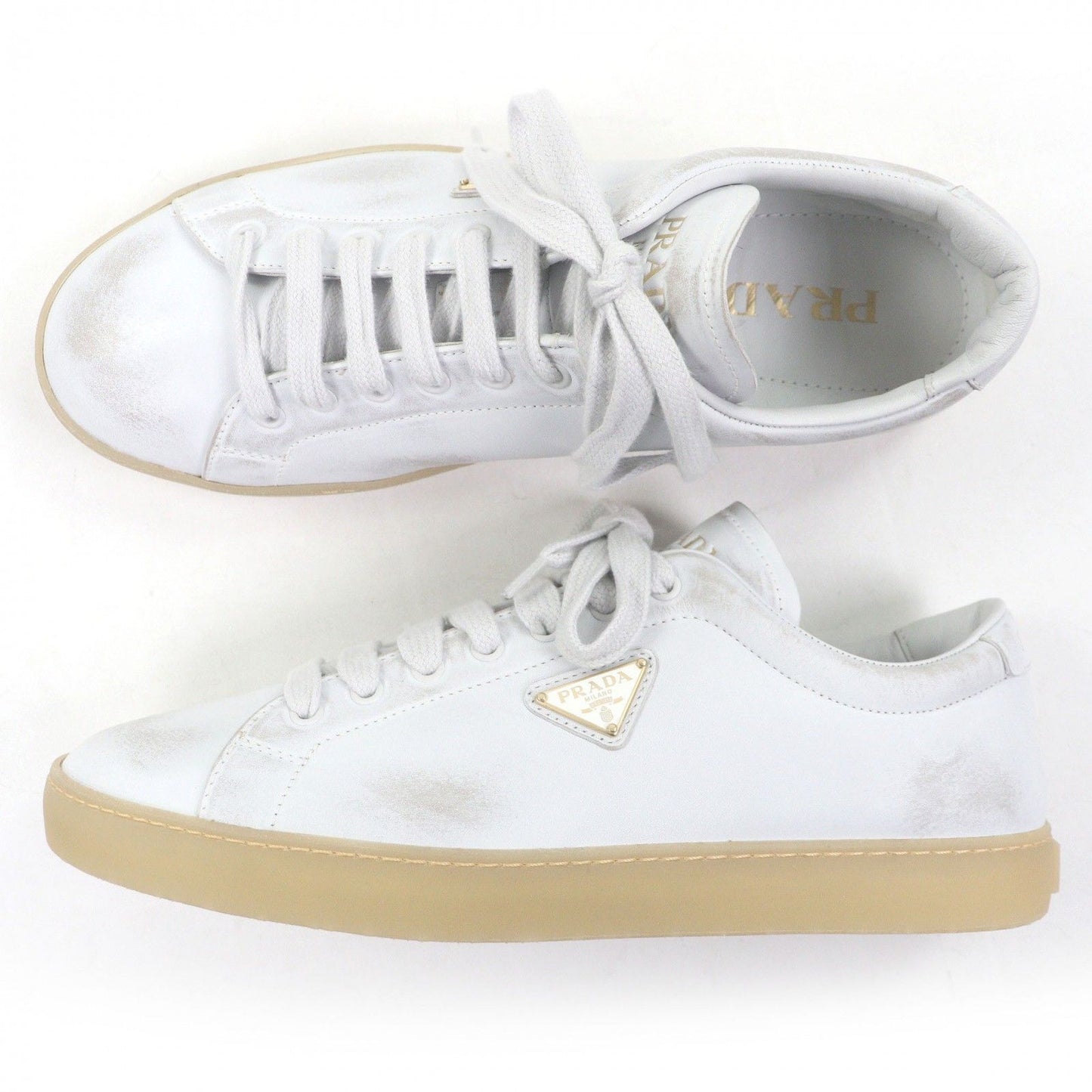 Prada Triangle Logo Distressed Low Cut Sneakers Leather Shoes White 7.5 — view 4