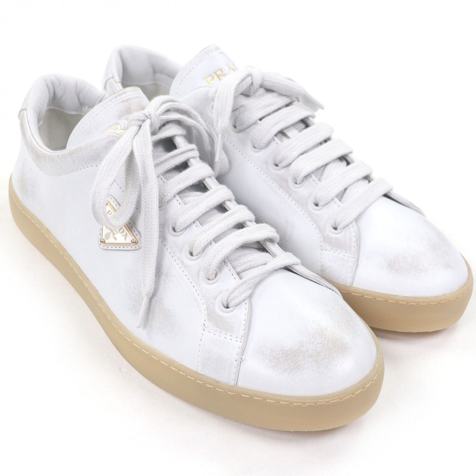 Prada Triangle Logo Distressed Low Cut Sneakers Leather Shoes White 7.5 — view 3