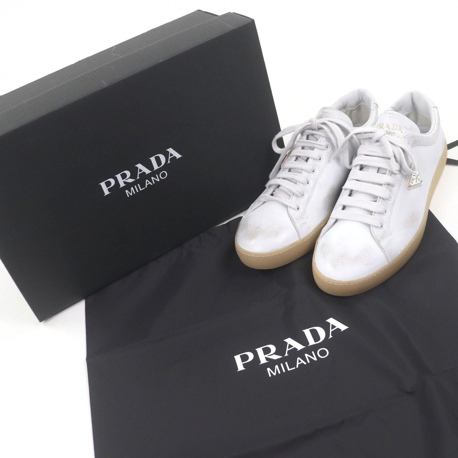 Prada Triangle Logo Distressed Low Cut Sneakers Leather Shoes White 7.5 — view 2
