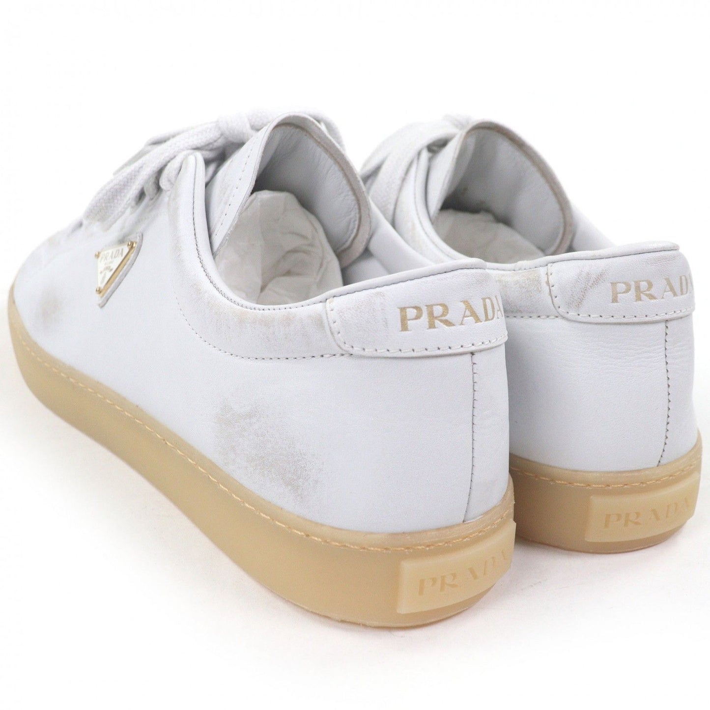 Prada Triangle Logo Distressed Low Cut Sneakers Leather Shoes White 7.5 — view 6