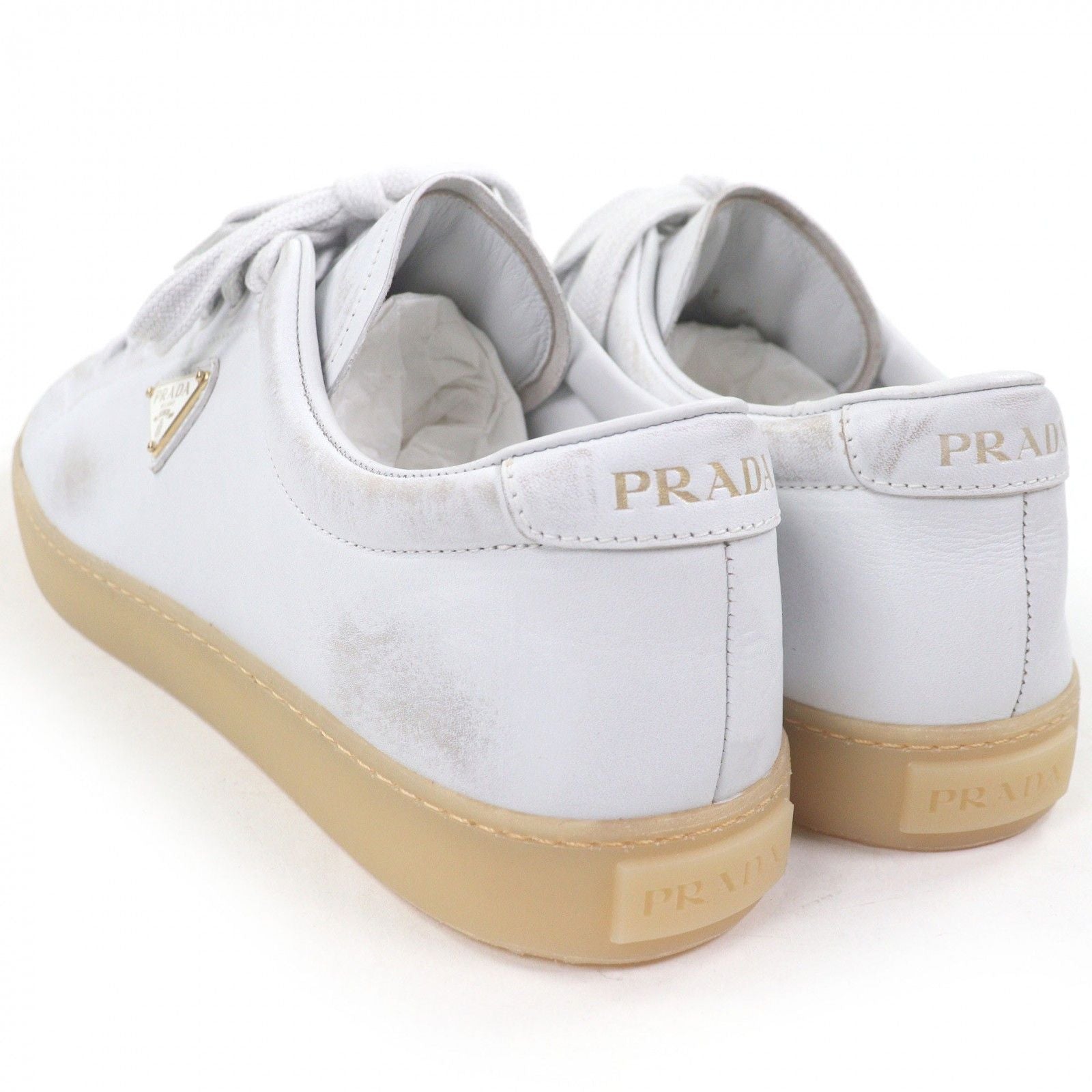 Prada Triangle Logo Distressed Low Cut Sneakers Leather Shoes White 7.5 — view 6
