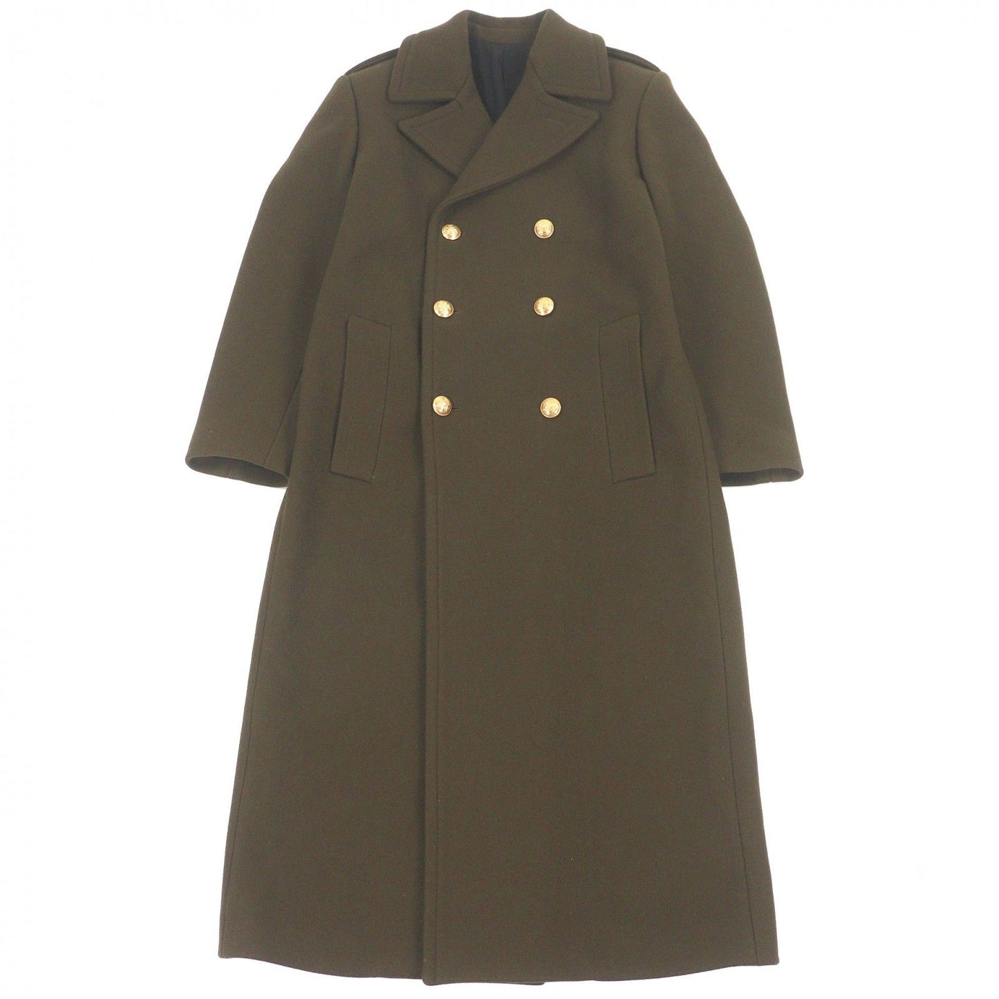 Celine Wool Emblem Gold Button Double Breasted Long Chesterfield Coat Khaki 34