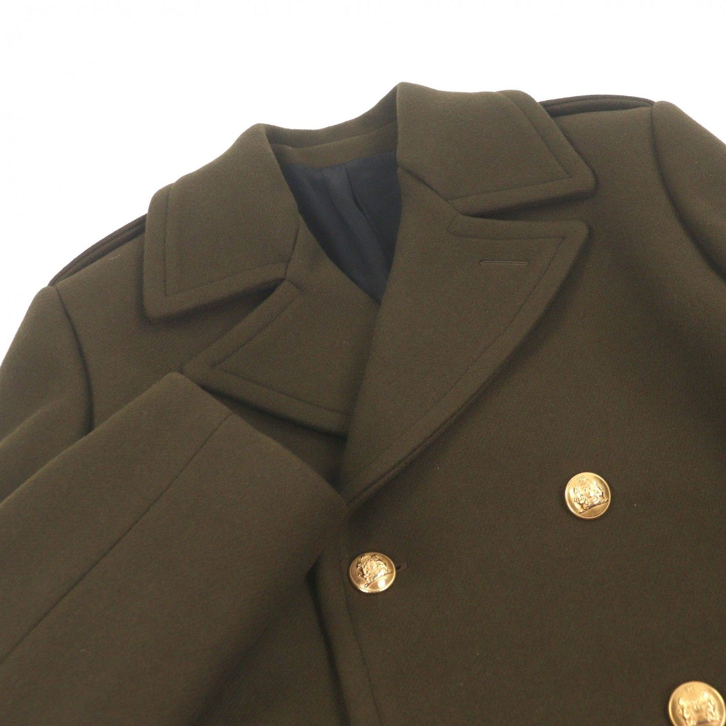 Celine Wool Emblem Gold Button Double Breasted Long Chesterfield Coat Khaki 34 — view 2