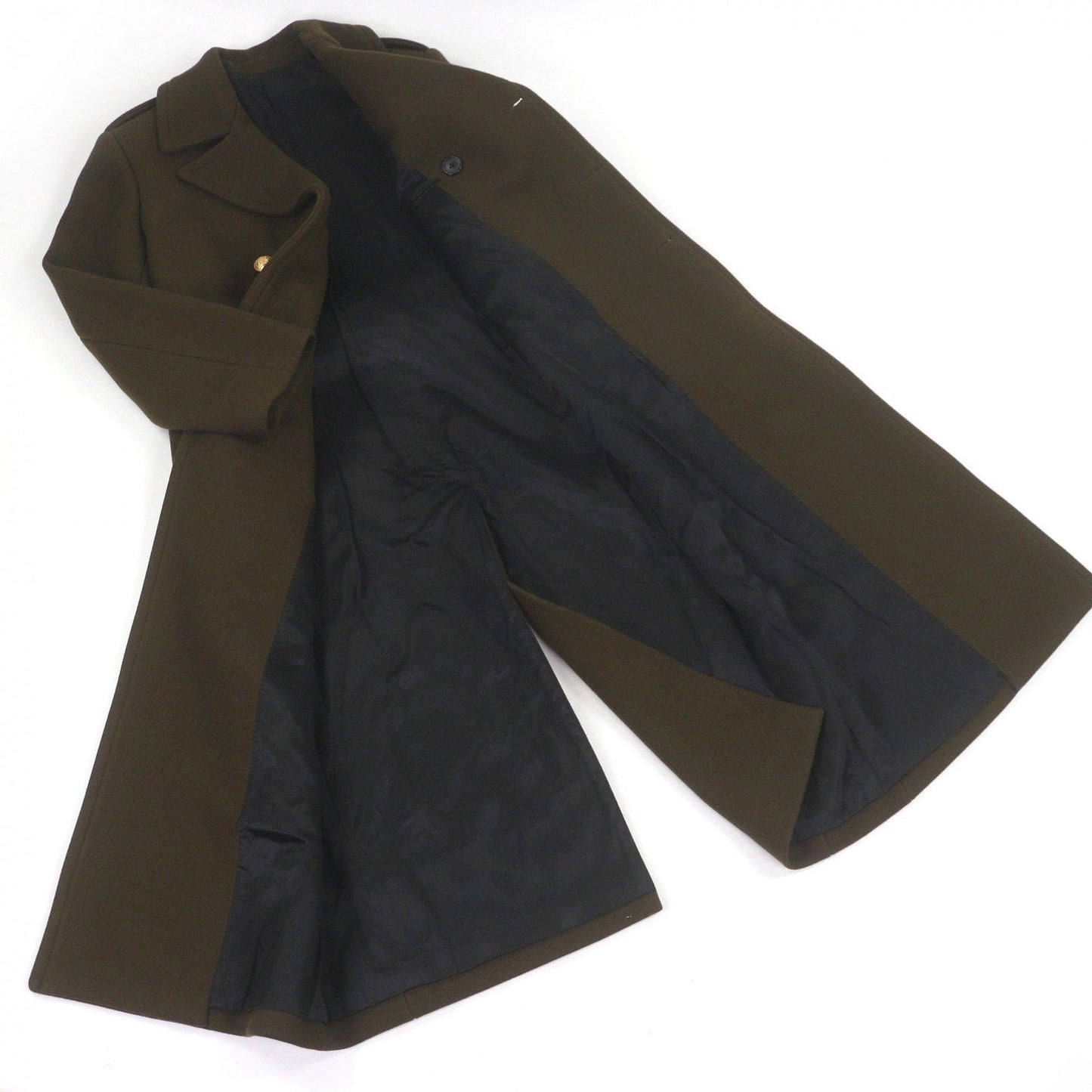 Celine Wool Emblem Gold Button Double Breasted Long Chesterfield Coat Khaki 34 — view 3