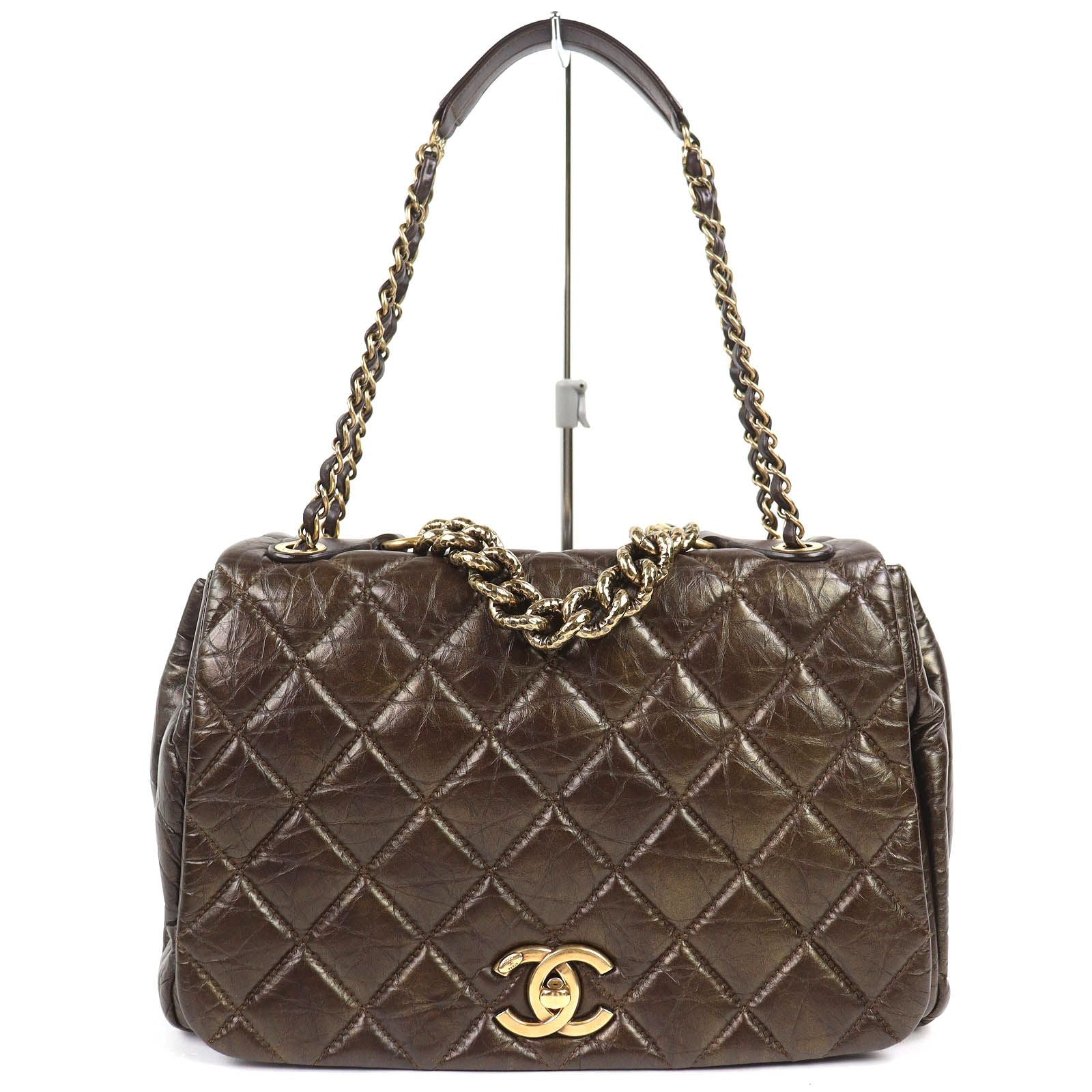 Chanel Paris Bombay CC Logo Quilted Aged Calfskin Chain Shoulder Bag Brown