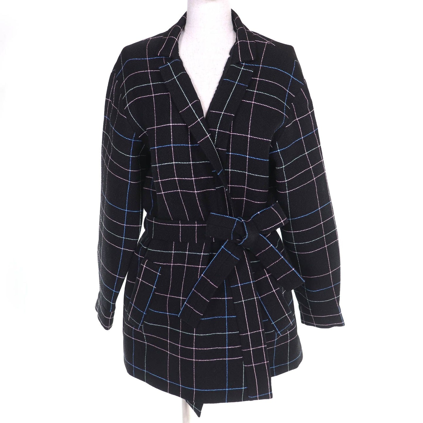Chanel Wool CC Logo Flower Button Plaid Stitch Belted Coat Black Multicolor 36