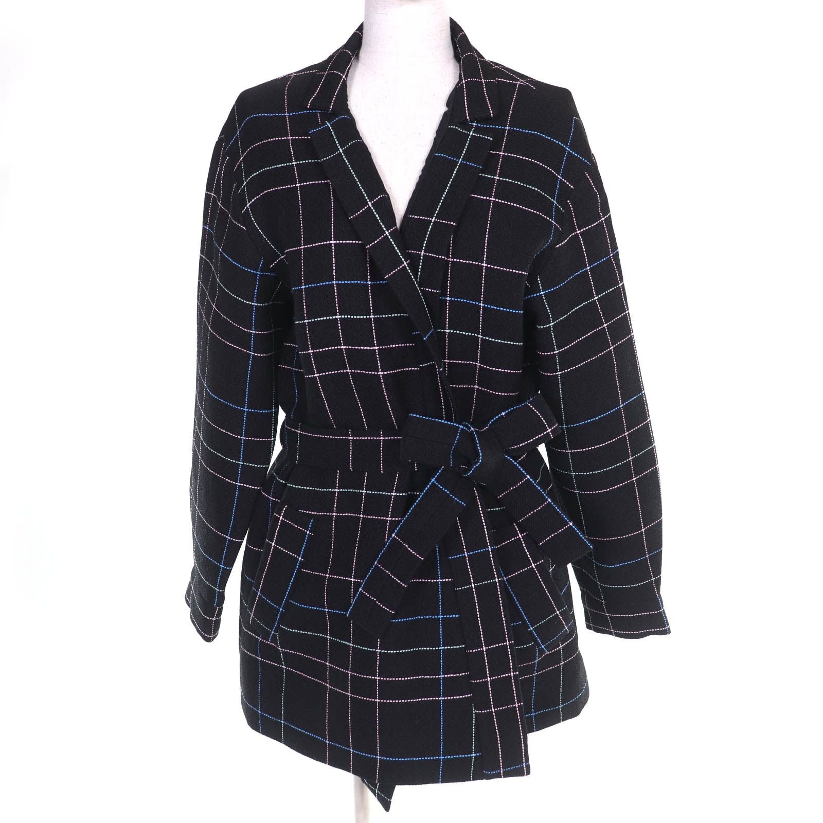 Chanel Wool CC Logo Flower Button Plaid Stitch Belted Coat Black Multicolor 36