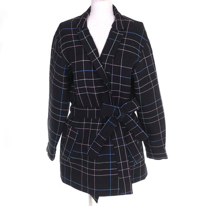 Chanel Wool CC Logo Flower Button Plaid Stitch Belted Coat Black Multicolor 36