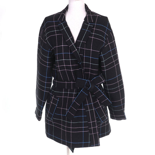 Chanel Wool CC Logo Flower Button Plaid Stitch Belted Coat Black Multicolor 36