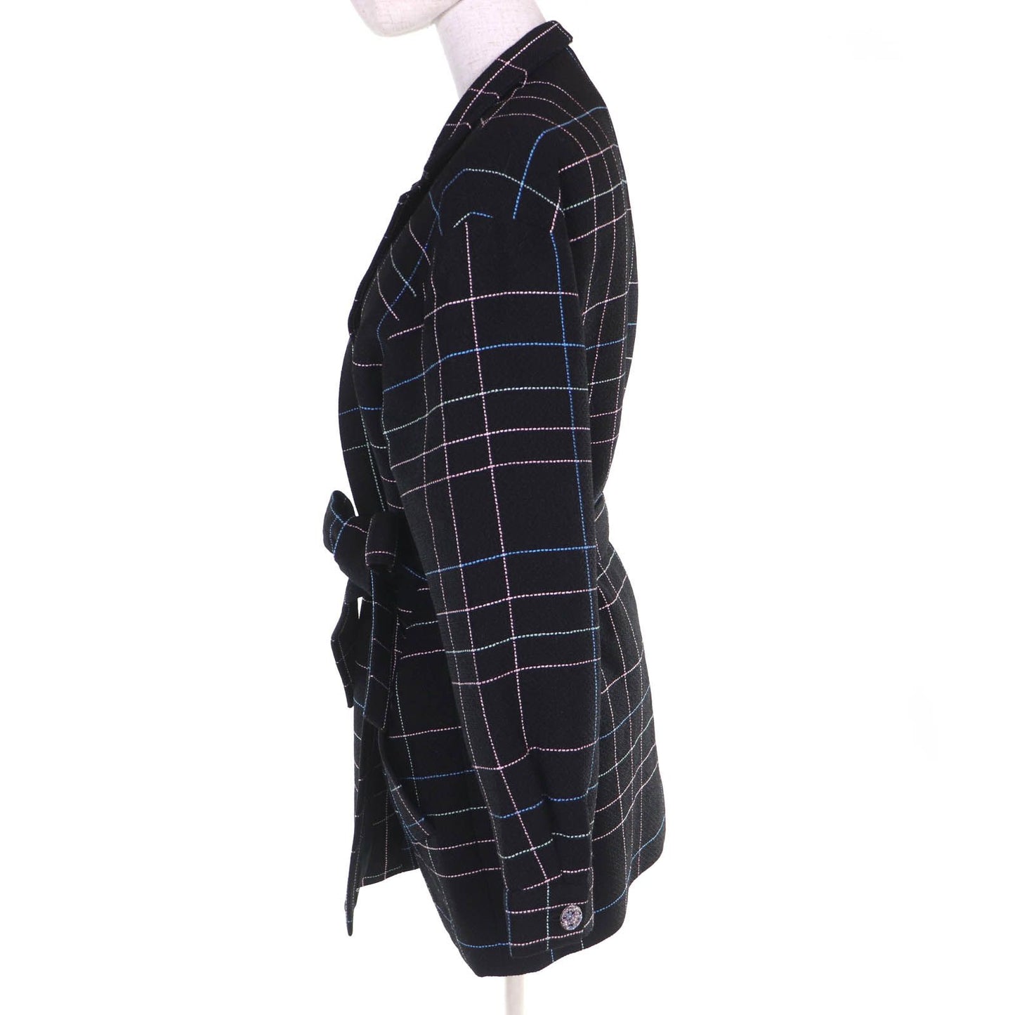 Chanel Wool CC Logo Flower Button Plaid Stitch Belted Coat Black Multicolor 36 — view 2