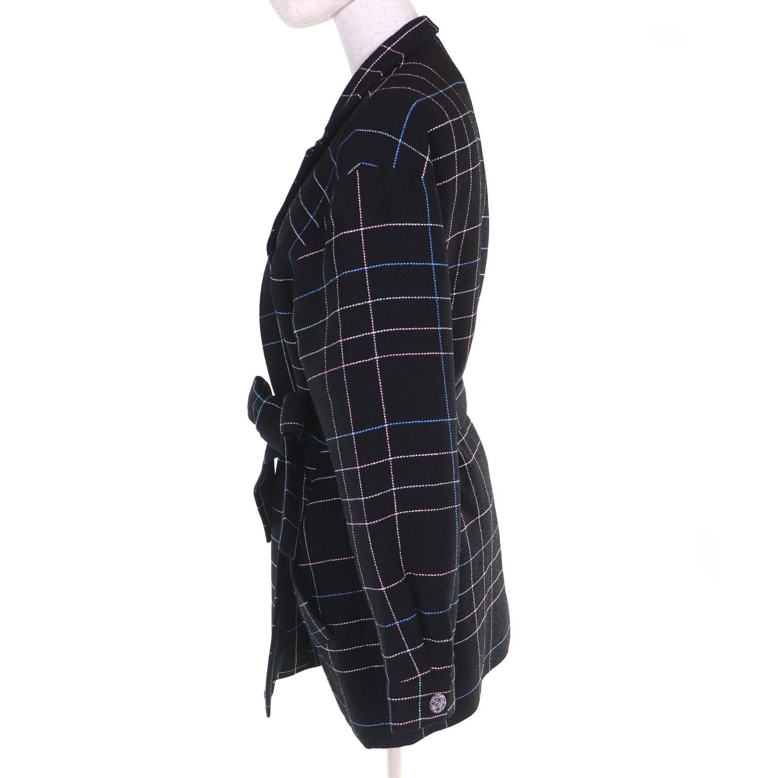 Chanel Wool CC Logo Flower Button Plaid Stitch Belted Coat Black Multicolor 36 — view 2