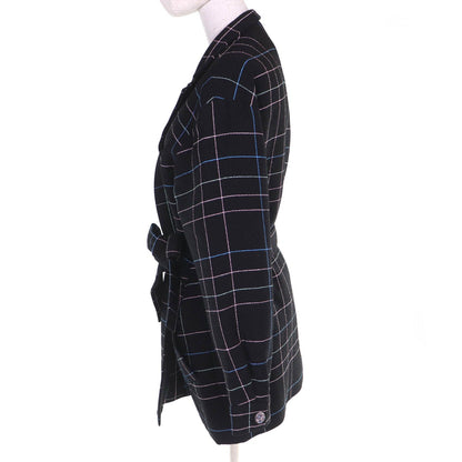 Chanel Wool CC Logo Flower Button Plaid Stitch Belted Coat Black Multicolor 36 — view 2