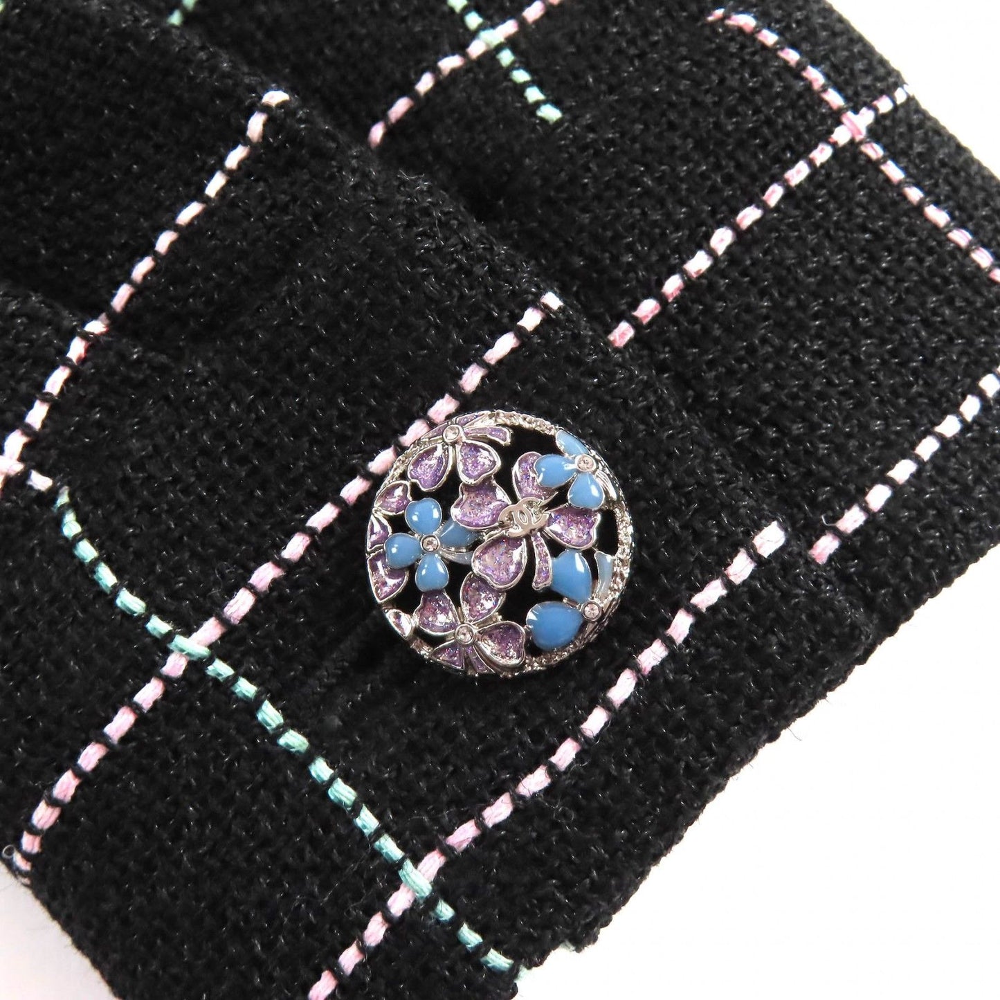 Chanel Wool CC Logo Flower Button Plaid Stitch Belted Coat Black Multicolor 36 — view 6