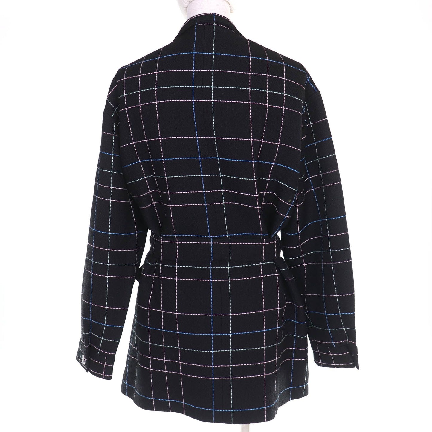 Chanel Wool CC Logo Flower Button Plaid Stitch Belted Coat Black Multicolor 36 — view 3