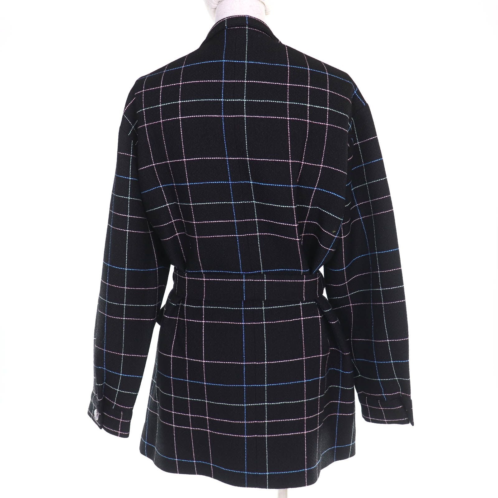 Chanel Wool CC Logo Flower Button Plaid Stitch Belted Coat Black Multicolor 36 — view 3