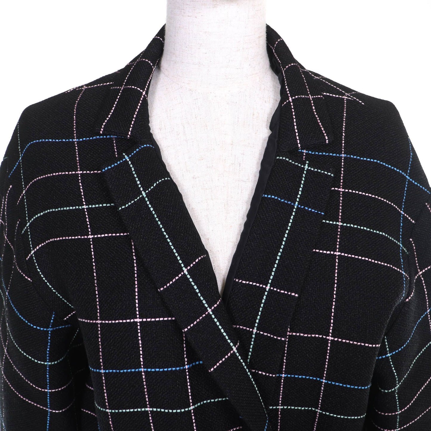 Chanel Wool CC Logo Flower Button Plaid Stitch Belted Coat Black Multicolor 36 — view 4
