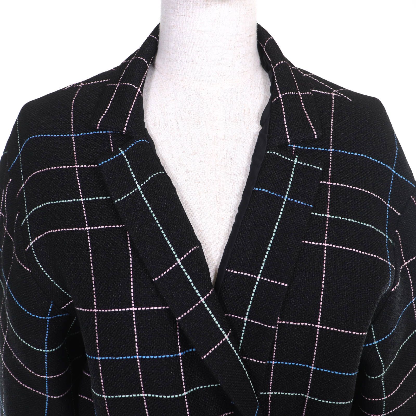 Chanel Wool CC Logo Flower Button Plaid Stitch Belted Coat Black Multicolor 36 — view 4