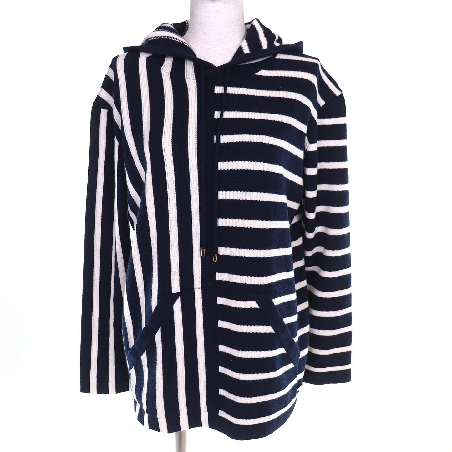 Chanel Cashmere CC Logo Border Pattern Hoodie Knit Navy White 36 Recommended