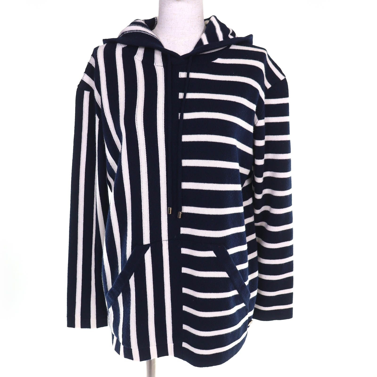 Chanel Cashmere CC Logo Border Pattern Hoodie Knit Navy White 36 Recommended