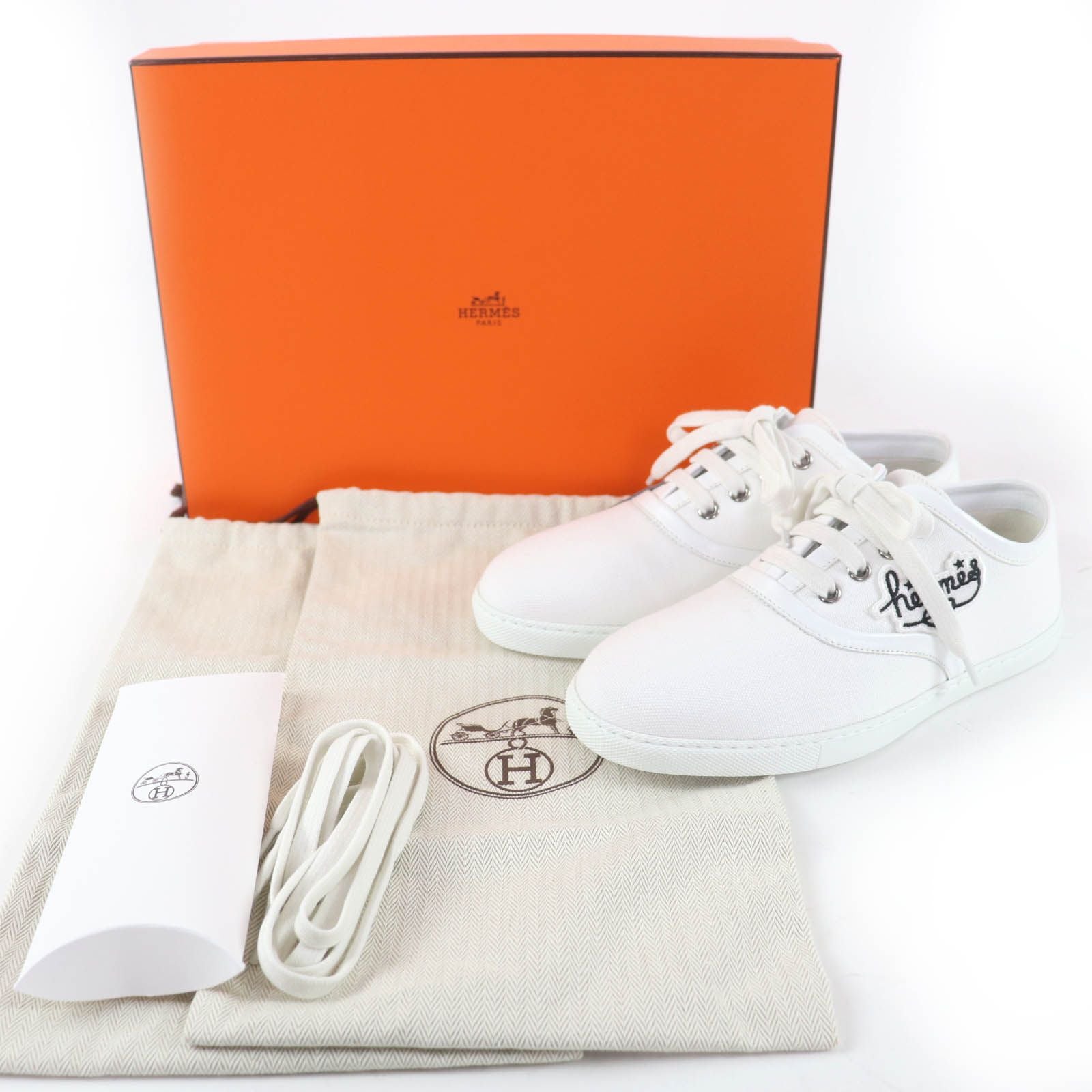 Hermes Innocent Leather Logo Patch Lace Up Low Cut Sneakers White — view 2