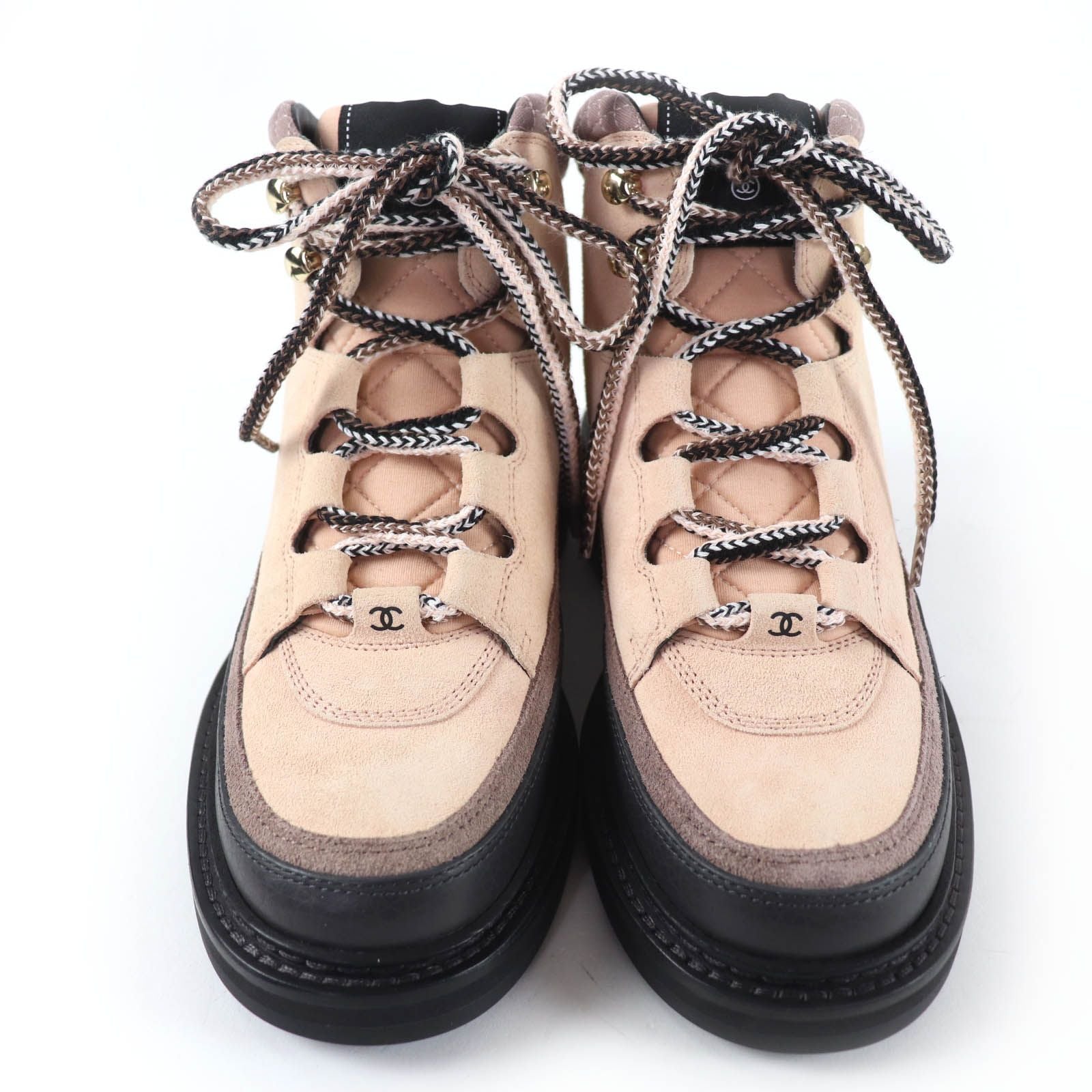 Chanel CC Logo Lace Up Suede Leather High Cut Sneakers Trekking Boots Pink — view 4