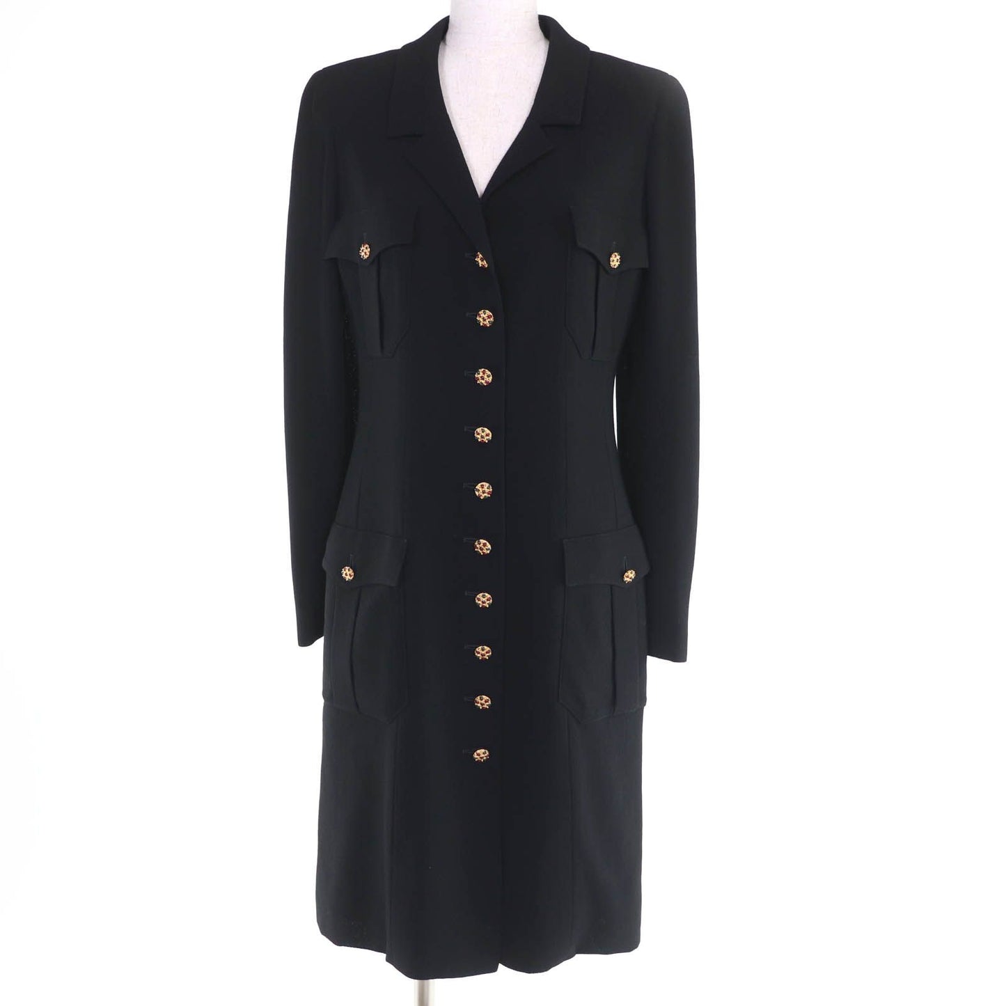 Chanel Vintage Wool Gripoix Button Long Length Jacket Black 40